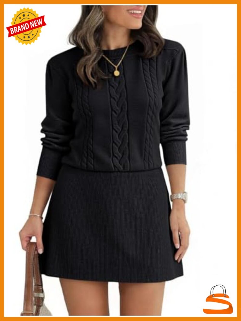 Womens Puff Long Sleeve Cable Knit Mini Sweater Dress A-Line Fall